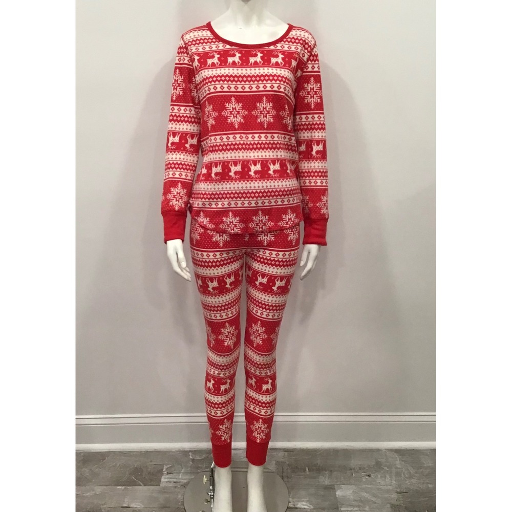 Old Navy Pajama Set Womens Large Top Med bottom Red Fair Isle Reindeer Thermal
